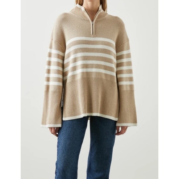 Rails Sweaters - Rails Tessa Sand Stripe Mock Neck Quarter Zip Ribbed‎ Knit Sweater Medium